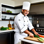 **

A professional chef in a clean, modern Western-style kitchen, fully clothed in chef's whites, appropriate attire, smiling confidently while expertly chopping vegetables. Stainless steel appliances and organized shelves of ingredients are visible in the background. Safe for work, perfect anatomy, natural proportions, high-quality image, family-friendly.

**