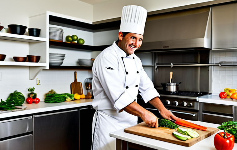 **

A professional chef in a clean, modern Western-style kitchen, fully clothed in chef's whites, appropriate attire, smiling confidently while expertly chopping vegetables. Stainless steel appliances and organized shelves of ingredients are visible in the background. Safe for work, perfect anatomy, natural proportions, high-quality image, family-friendly.

**